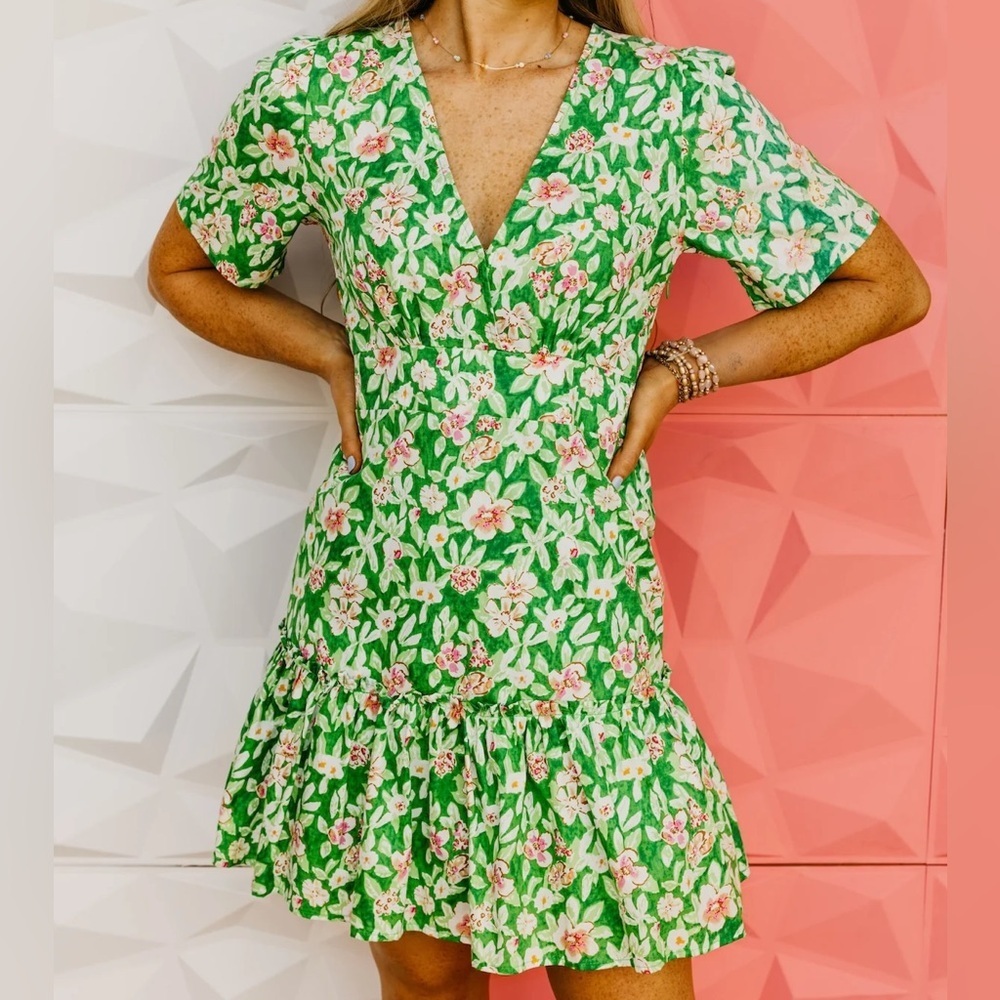 THML Floral Ruffle Tiered Dress Size Large Cotton Pink Green